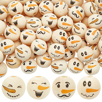   80Pcs 4 Styles Snowman Theme Printed Wood European Beads WOOD-PH0003-04B-1