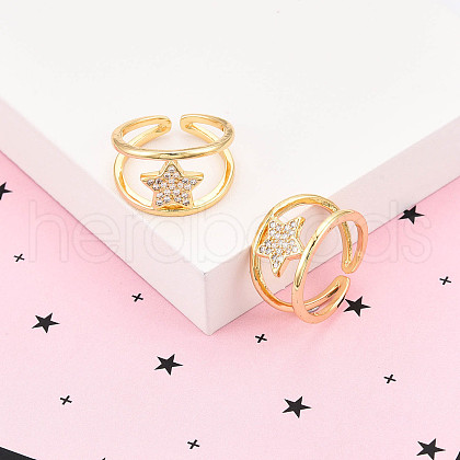 Brass Micro Pave Clear Cubic Zirconia Cuff Rings for Women KK-T074-21G-1
