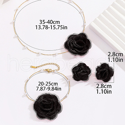 Rose Cloth & Plastic Pearl Pendant Necklaces & Charm Bracelets & Stud Earrings Sets FS-WG74528-03-1