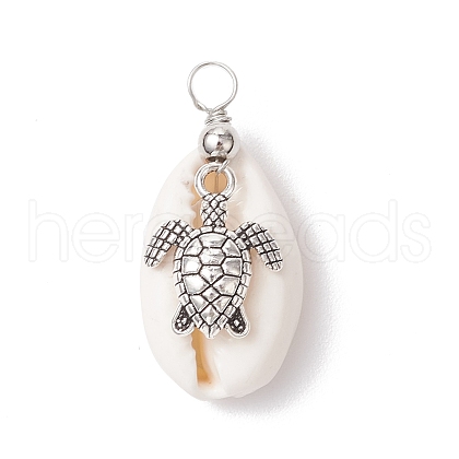 Natural Cowrie Shell & Alloy Sea Animals Pendants PALLOY-JF03751-07-1
