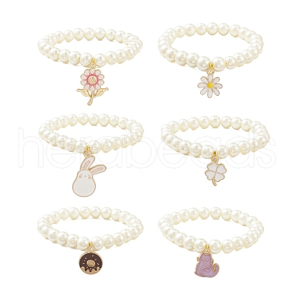 Glass Imitation Pearl Beaded Stretch Bracelet with Alloy Enamel Charms BJEW-JB09556-1
