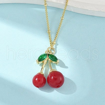 Brass Resin Fruit Cherry Pendant Satellite Chain Necklaces with Green Cubic Zirconia Leaf for Women NJEW-D306-03G-1