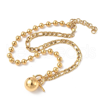 304 Stainless Steel Round Ball Pendant Ball Chain Figaro Chain Necklaces with OT Buckles NJEW-V010-02G-1