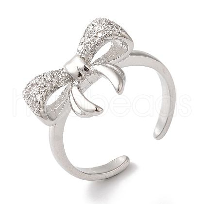 Bowknot Brass Micro Pave Clear Cubic Zirconia Open Cuff Rings for Women RJEW-C098-05P-1