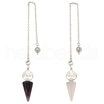 GOMAKERER 2Pcs 2 Styles Natural Amethyst & Rose Quartz Cone Dowsing Pendulum Big Pendants AJEW-GO0002-09B-1