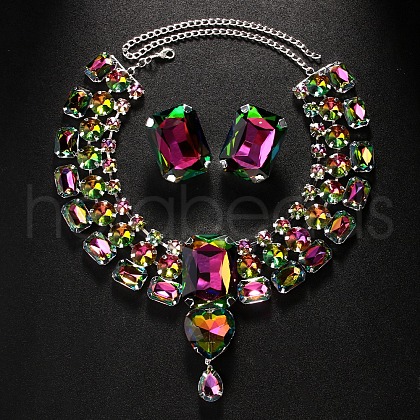 Rectangle Brass Rhinestone Pendant Necklaces & Stud Earrings Sets FS-WG11BAE-02-1