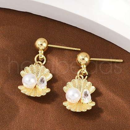 Shell Shape Brass Micro Pave Clear Cubic Zirconia Dangle Stud Earrings EJEW-F895-13G-1