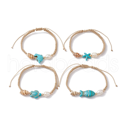 Natural Shell & Pearl & Synthetic Turquoise Braided Bead Bracelets BJEW-JB09914-1