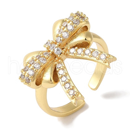 Bowknot Brass Micro Pave Clear Cubic Zirconia Open Cuff Rings for Women RJEW-C098-10G-1