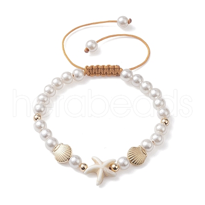 Adjustable Synthetic Turquoise & ABS Plastic Pearl Braided Bead Bracelet BJEW-JB10101-02-1