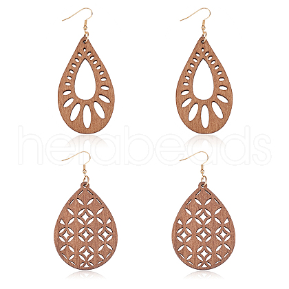ANATTASOUL 2 Pairs 2 Style Natural Wood Hollow Out Teardrop Dangle Earrings EJEW-AN0001-54-1