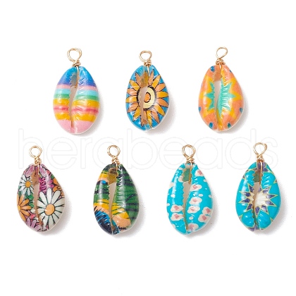 Printed Natural Cowrie Shell Pendants PALLOY-JF03991-1