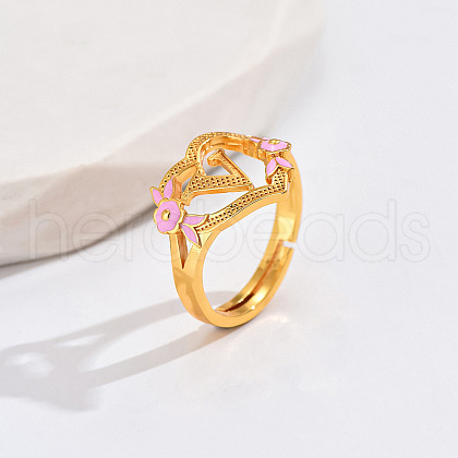 Heart & Flower Brass Pearl Pink Enamel Adjustable Finger Rings FS-WG8B9BA-20-1