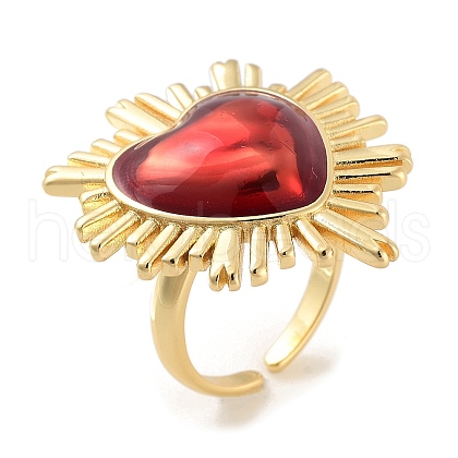 Heart Brass Enamel Open Cuff Ring for Women RJEW-C102-02G-1