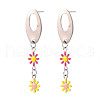 Oval with Flower Enamel Long Dangle Stud Earrings EJEW-N049-05A-1