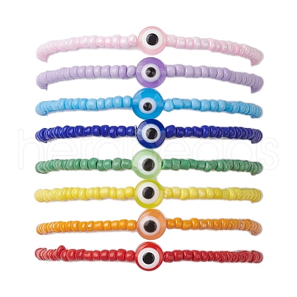 8pcs 8 Colors Resin Evil Eye & Glass Seed Beaded Stretch Bracelet Sets BJEW-JB10527-1