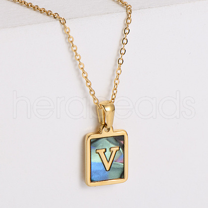 304 Stainless Steel Pave Natural Paua Shell Rectangle Initial Pendant Necklaces for Women FS-WG38E89-22-1