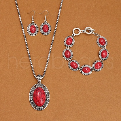 Alloy with Synthetic Turquoise Pendant Necklaces & Link Bracelets & Dangle Earring Sets WGBFEA3-10-1