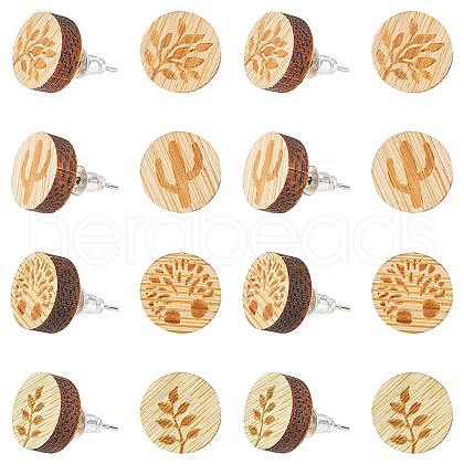 SUNNYCLUE 8 Pairs 4 style Natural Wood Flat Round Stud Earrings EJEW-SC0001-47-1