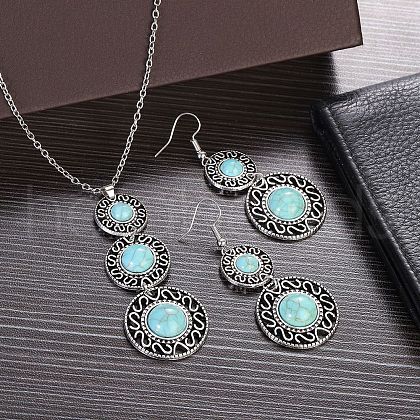 Bohemian Style Alloy & Synthetic Turquoise Pendant Necklaces & Dangle Earrings Sets WG43411-08-1