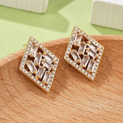 Rhombus Brass Micro Pave Clear Cubic Zirconia Stud Earrings for Women EJEW-G428-05G-1