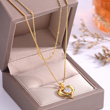 Elegant Brass Pave Clear Cubic Zirconia Hollow Heart Pendant Double Layer Necklaces for Women Daily Wear BA4915-1