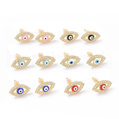 Enamel Horse Eye Stud Earrings with Clear Cubic Zirconia KK-E033-03G-1