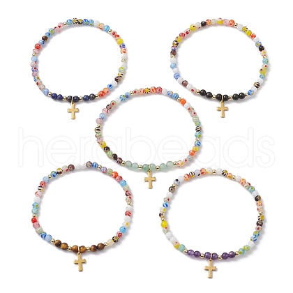 4mm Round Gemstone & Handmade Lampwork Beaded Stretch Bracelets BJEW-JB10257-1