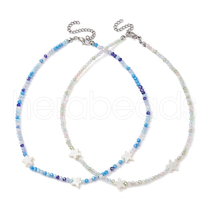 2Pcs 2 Color Glass & Natural Shell Star Beaded Necklaces Set NJEW-JN04646-01-1
