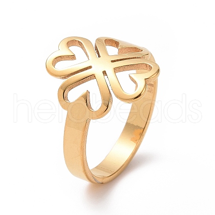 Ion Plating(IP) 201 Stainless Steel Heart Clover Finger Ring RJEW-J051-01G-1