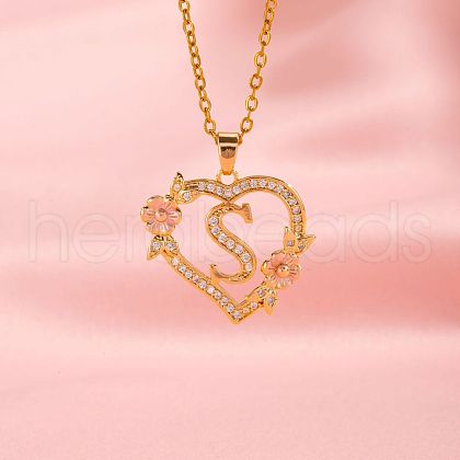 Brass Crystal Rhinestone Hollow Rose Heart with Letter Pendant Necklaces for Women WGC1928-19-1