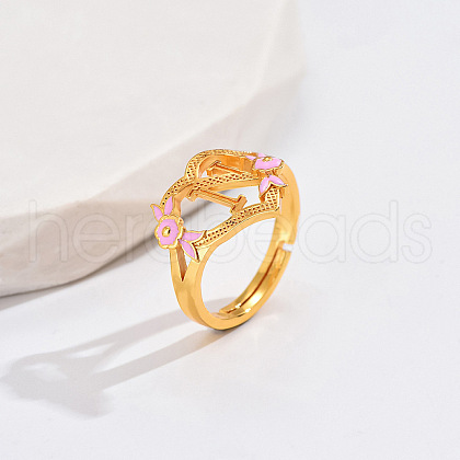 Heart & Flower Brass Pearl Pink Enamel Adjustable Finger Rings FS-WG8B9BA-13-1