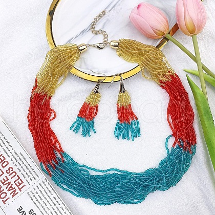 Bohemian Style Acrylic Seed Beaded Multilayer Necklaces & Tassel Dangle Earrings Sets FS-WG5C0BD-10-1