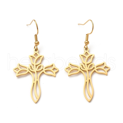 304 Stainless Steel Hollow Out Cross with Flower Dangle Earrings for Women EJEW-P222-02G-1