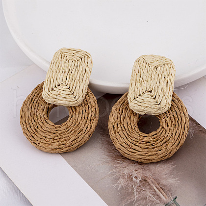 Rectangle with Flat Round Alloy Raffia Dangle Stud Earrings FS-WGEAAFD-04-1