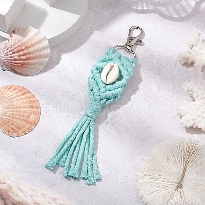 Handmade Macrame Cotton Threads & Natural Cowrie Shell Beads Pendant Decoration HJEW-JM02627-01-1