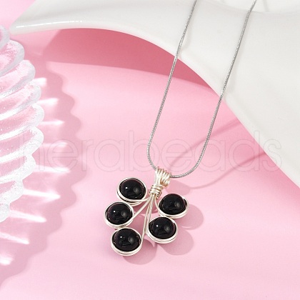 Leaf Copper Wire Wrapped Natural Black Onyx(Dyed and Heated) Beaded Pendant Necklaces NJEW-JN05218-03-1