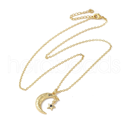 Golden Brass Crescent Moon Pendant Necklace with Rhinestone NJEW-Z015-01A-G-1