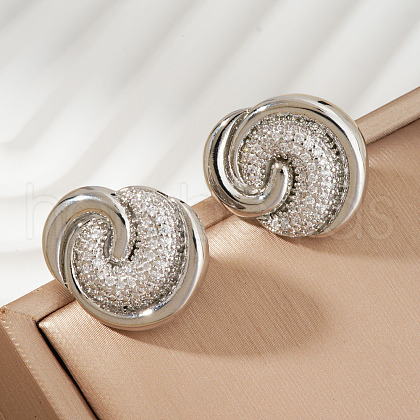 French Style Brass Clear Cubic Zirconia Swirl Stud Earrings HY3681-1-1