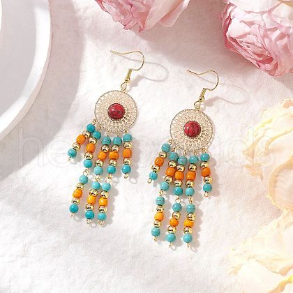 304 Stainless Steel Synthetic Turquoise Flat Round Dangle Earrings EJEW-JE06454-01-1
