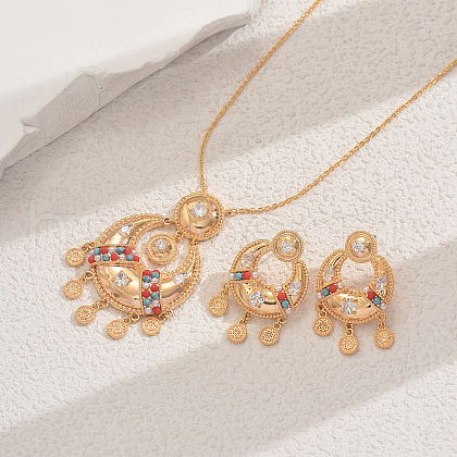 Bohemian Style Moon Brass Micro Pave Cubic Zirconia Earrings & Necklaces Set for Women SC3295-1