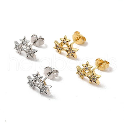 Rack Plating Brass Micro Pave Clear Cubic Zirconia 3 Star Stud Earrings EJEW-F301-21-1