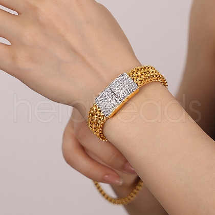304 Stainless Steel Mesh Chain Bracelet with Cubic Zirconia Rectangle Magnetic Clasps BJEW-Q775-07G-1