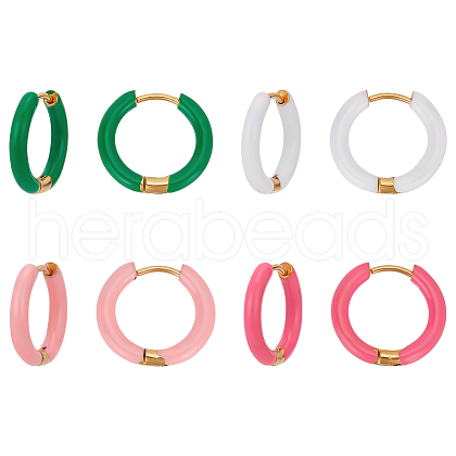 ANATTASOUL 4 Pairs 4 Color Real 18K Gold Plated 304 Stainless Steel Huggie Hoop Earrings with Enamel EJEW-AN0004-69-1