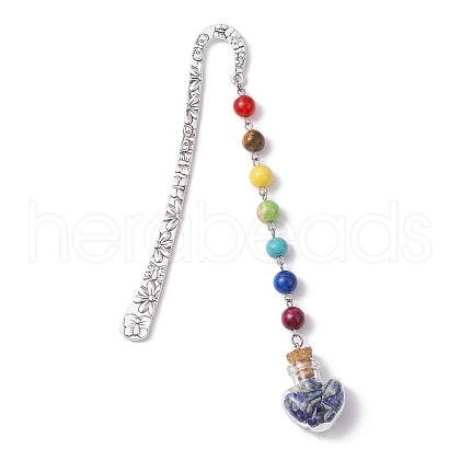 7 Chakra Gemstone Bead & Natural Lapis Lazuli Glass Heart Wishing Bottle Pendant Bookmarks AJEW-JK00313-07-1