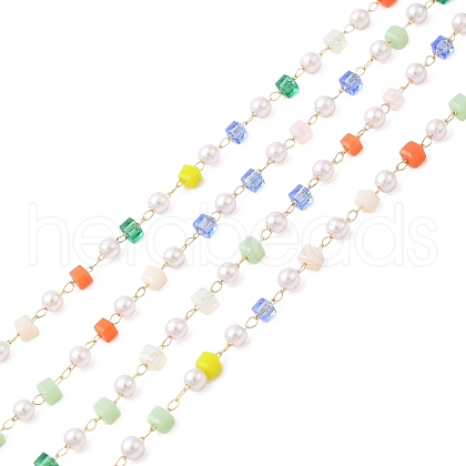 Faceted Cube Glass & ABS Plastic Imitation Pearl Beaded Chains CHS-G026-02KCG-03-1-1