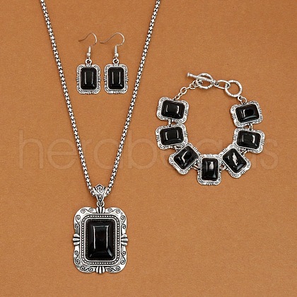 Rectangle Alloy with Synthetic Turquoise Pendant Necklaces & Dangle Earrings & Link Bracelets Sets WGD1135-13-1