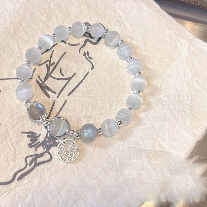 Flat Round Alloy & Cat Eye & Natural Moonstone Round Beaded Lucky Charm Bracelets for Women WG9D4EC-02-1