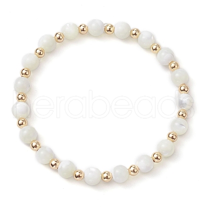 Round Natural Sea Shell Beaded Stretch Bracelets with Brass Beads for Women Men BJEW-JB10278-1