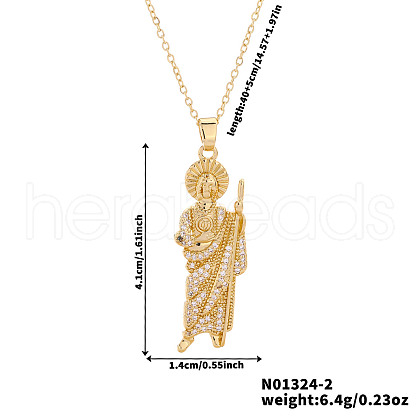 Shiny Brass Clear Cubic Zirconia Religion Saint Jude Pendant Necklaces for Christmas and Birthday Parties PX0651-2-1
